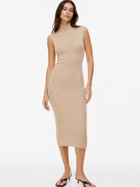 Marciano CAMEL TAN RIBBED STRETCH MOCK NECK SLEEVELESS BODYCON DRESS